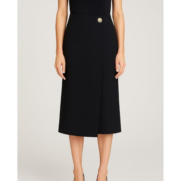 Givenchy Wool Crepe Midi Wrap Skirt Black Turn Lock Gold Slit Size 36 FR NWT - Picture 1 of 14